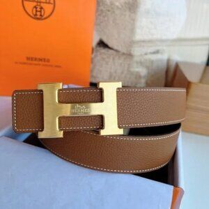 Hermes Tan Leather Belt with Gold Buckle